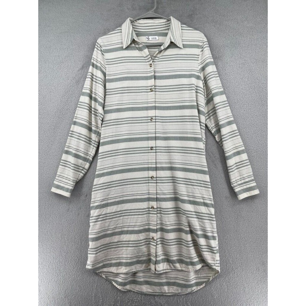 Carve Designs Shirt Dress Womens S Ivory Green Striped Pockets Long Sleeve Beach